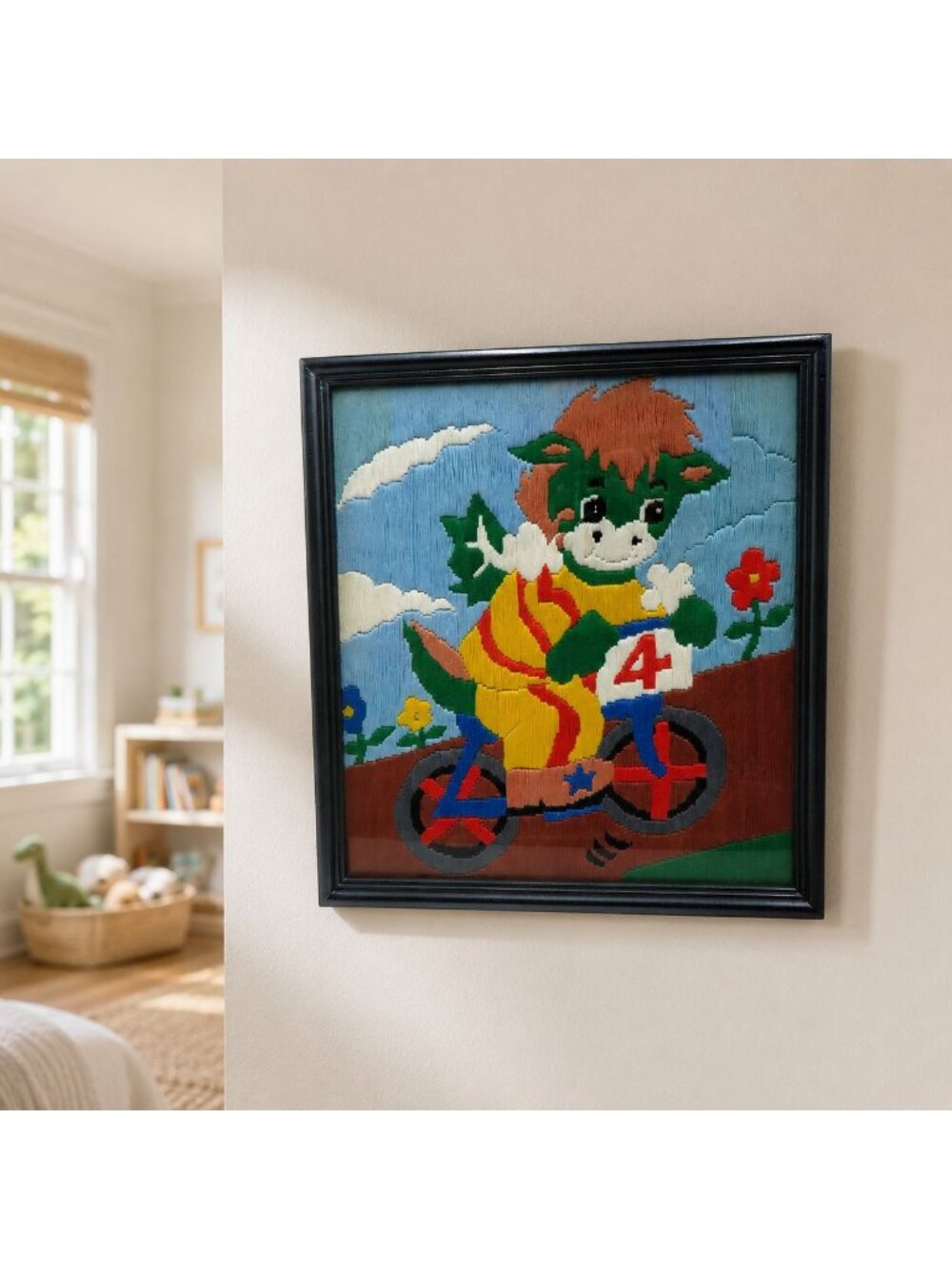 Dragon on Bicycle Needlepoint in Black Wood Frame 10.7 x 9.5" Vintage